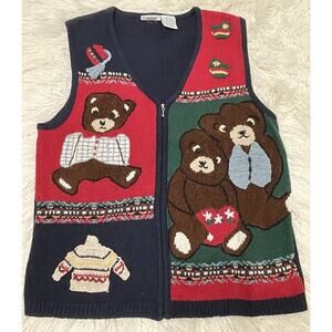 Teddy Bears Sweater Vest Vintage novelty Medium Funny Ugly